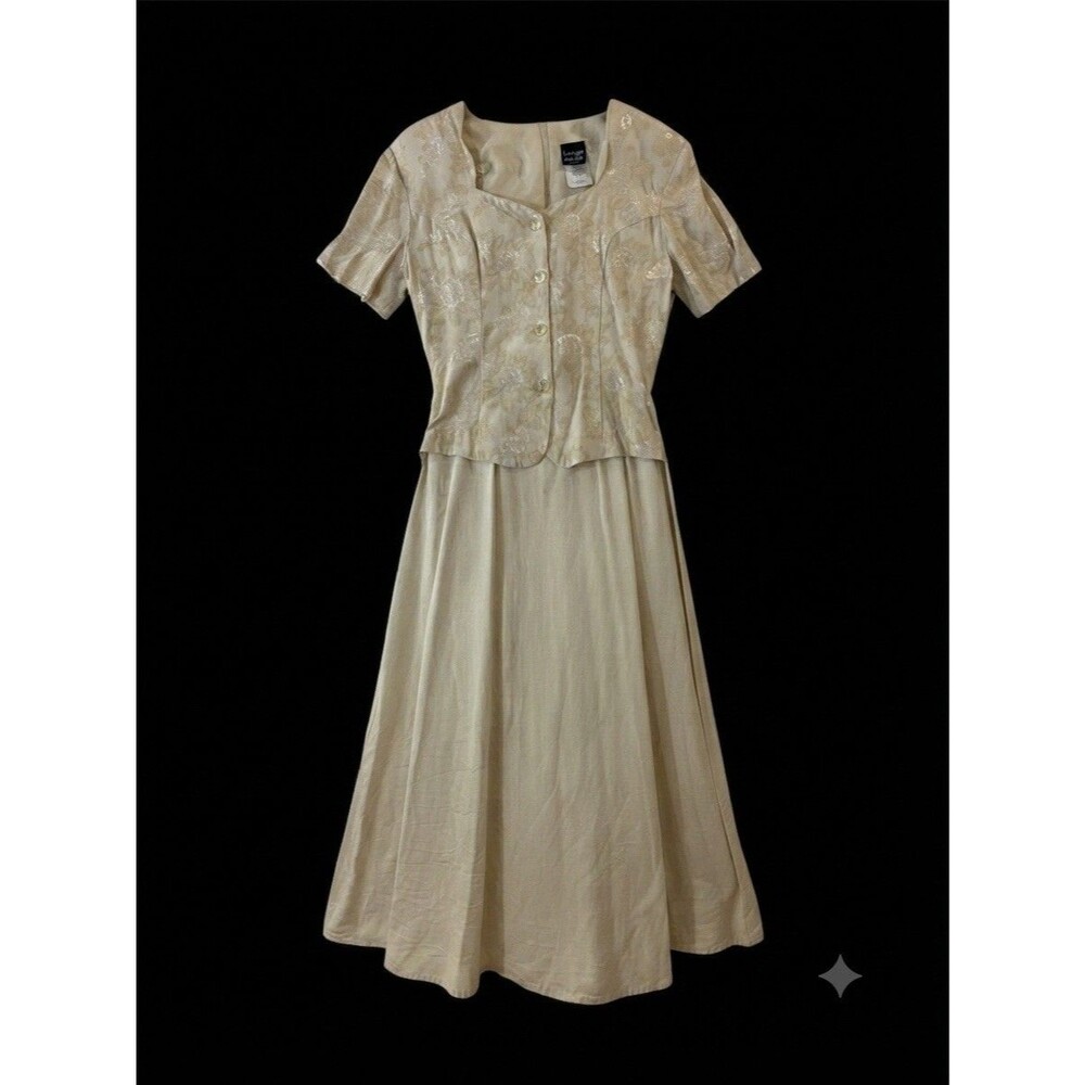 VTG 90s Knapp Studio Champagne Jacquard Floral Cap Sleeve Long Dress 11 Cottage
